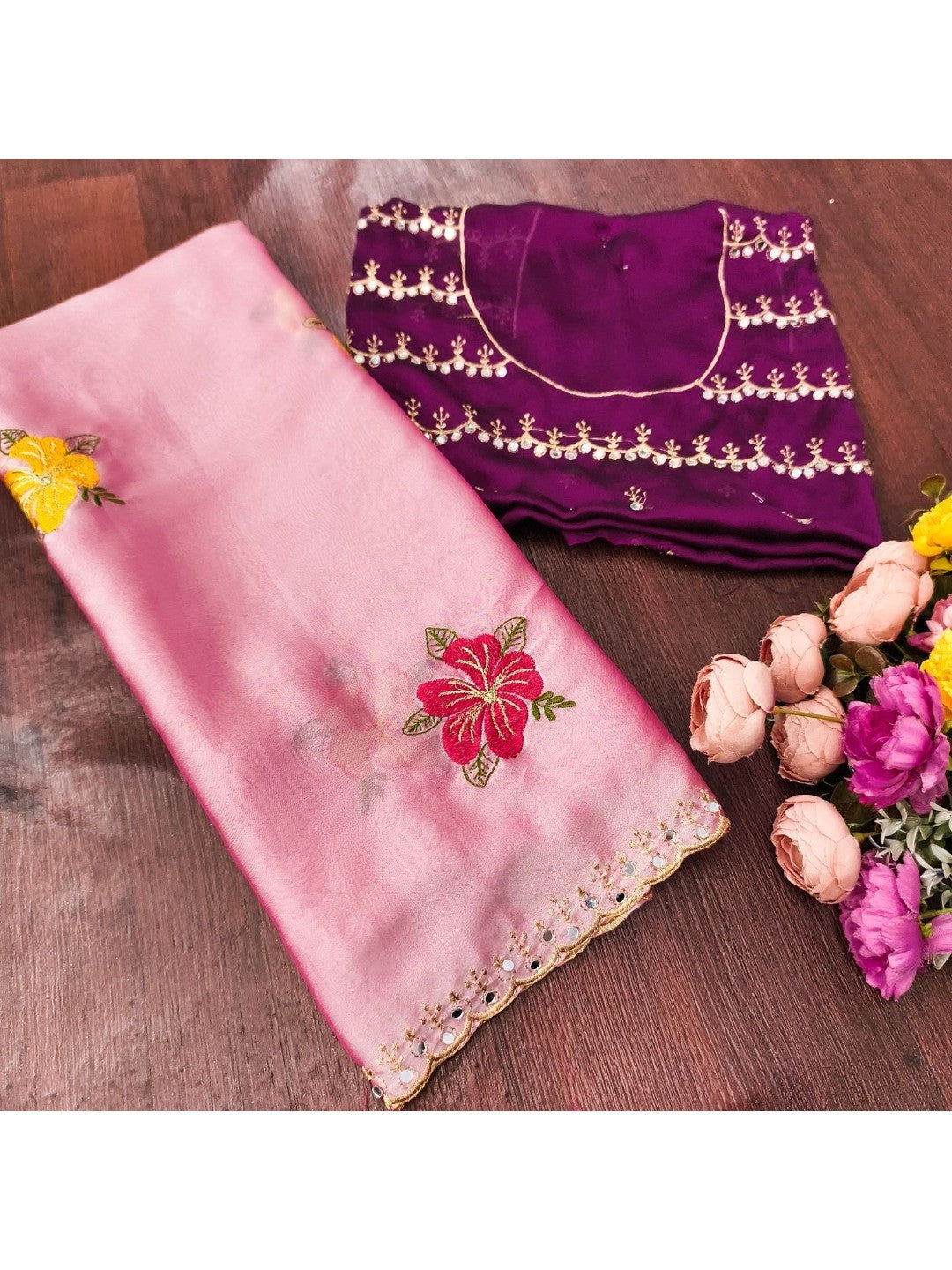 Pink Floral Thread Work Saree Viscose Beautiful Mirror Border Festive Glamour - Image 4