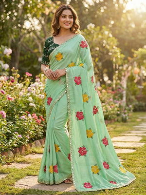 Green Floral Thread Work Saree Viscose Beautiful Mirror Border Festive Glamour - Image 1