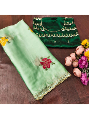 Green Floral Thread Work Saree Viscose Beautiful Mirror Border Festive Glamour - Image 2