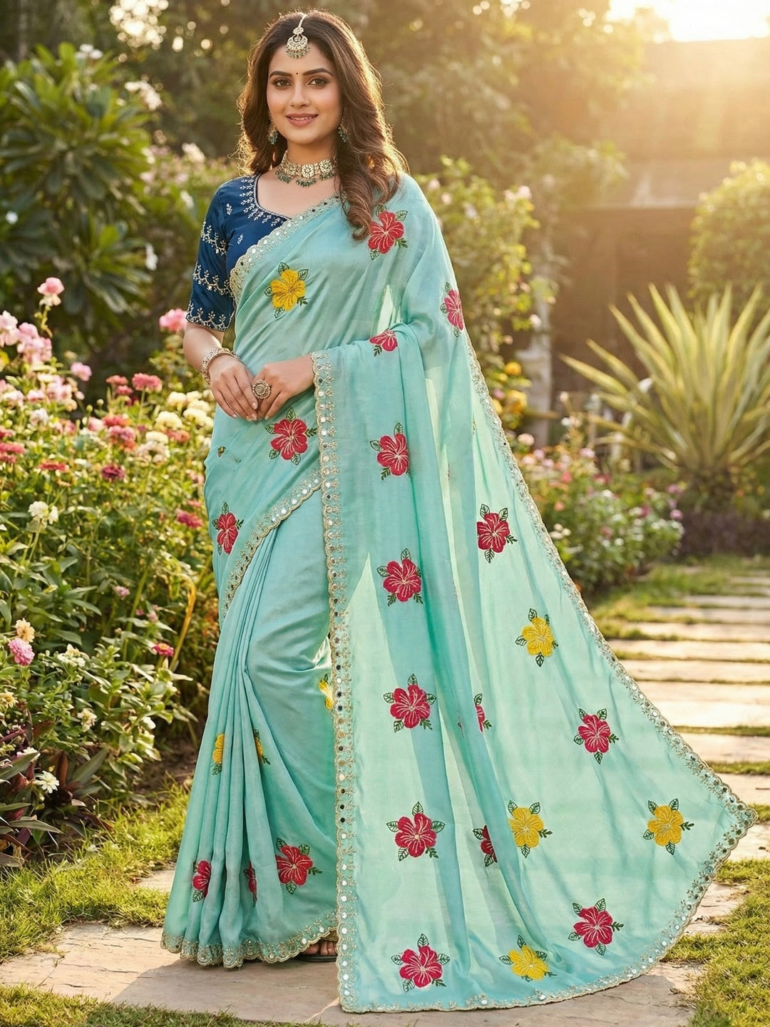 Blue Floral Thread Work Saree Viscose Beautiful Mirror Border Festive Glamour - Image 1