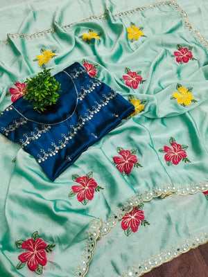 Blue Floral Thread Work Saree Viscose Beautiful Mirror Border Festive Glamour - Image 2