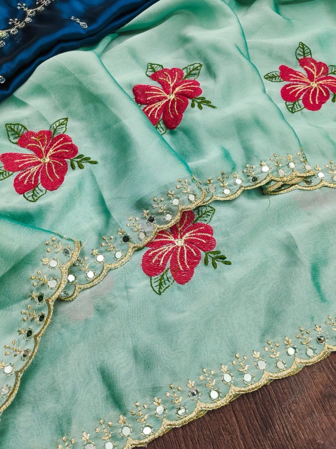 Blue Floral Thread Work Saree Viscose Beautiful Mirror Border Festive Glamour - Image 3