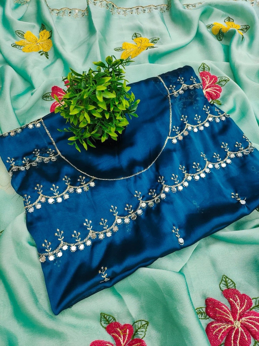 Blue Floral Thread Work Saree Viscose Beautiful Mirror Border Festive Glamour - Image 4