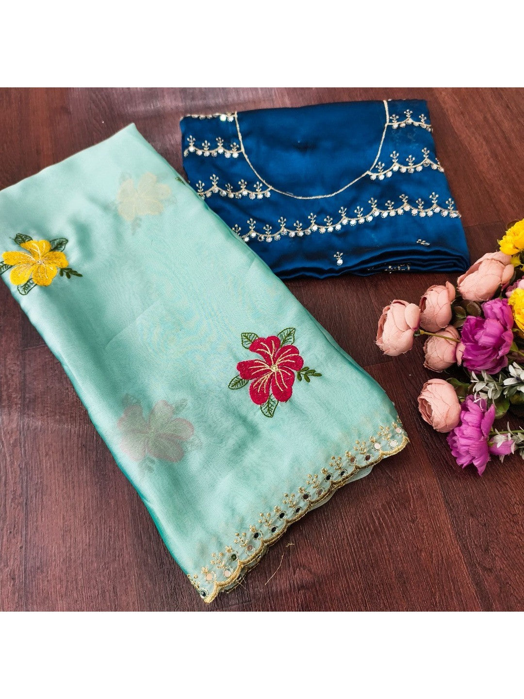 Blue Floral Thread Work Saree Viscose Beautiful Mirror Border Festive Glamour - Image 5