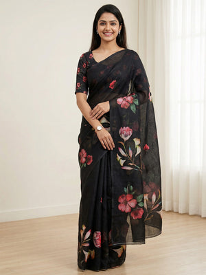 Black Floral Printed Linen Saree - Image 1