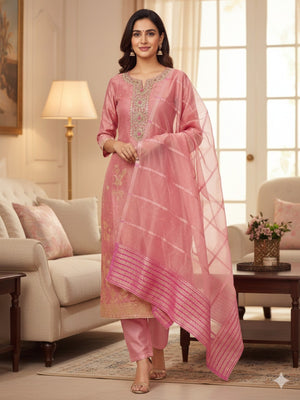 Pink Floral Woven Shimmer Dress Material Featuring Delicate Sequins Embroidery On The Neckline - Image 2