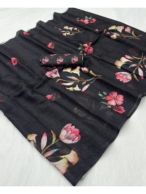 Black Floral Printed Linen Saree - Image 2