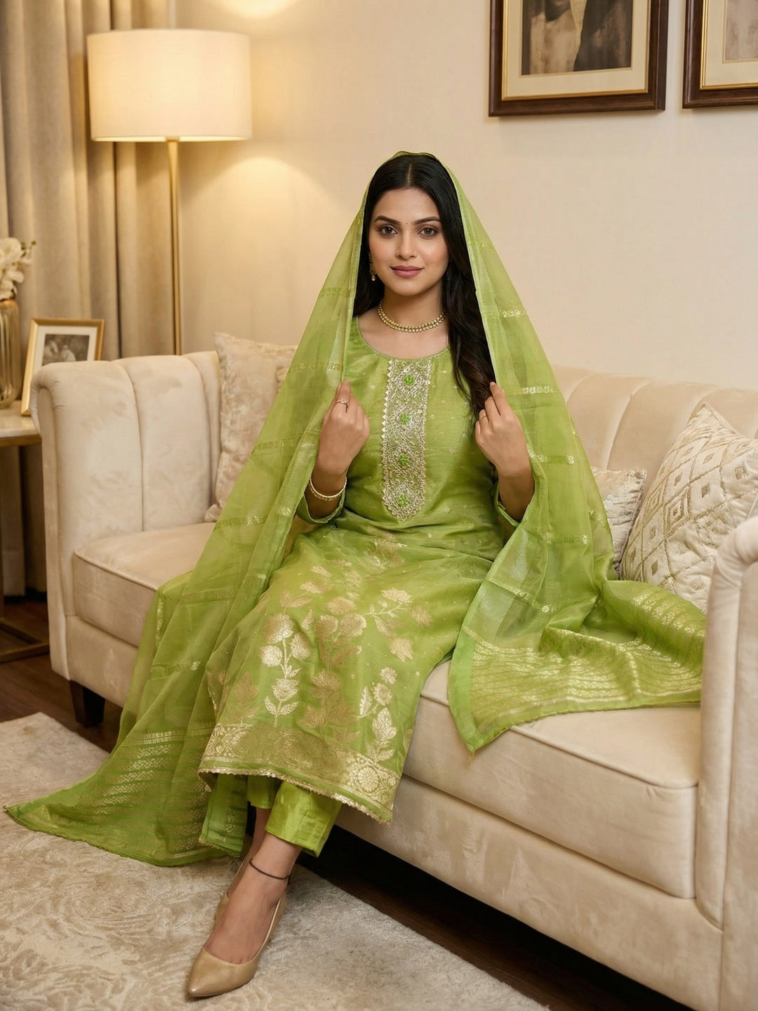 Green Floral Woven Shimmer Dress Material Featuring Delicate Sequins Embroidery On The Neckline - Image 2