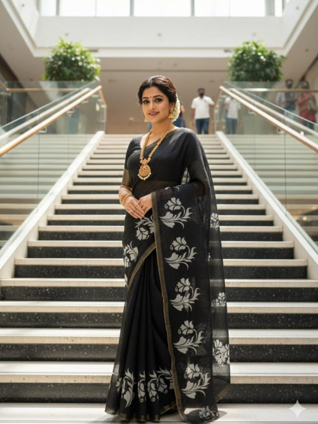 Black Floral Printed Linen Saree with Lightweight Natural Fabric Feel - Image 1