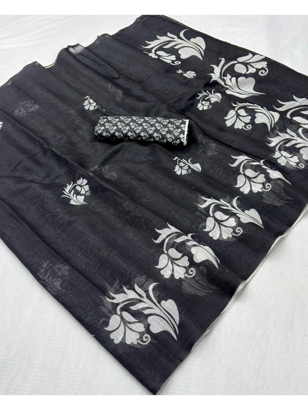 Black Floral Printed Linen Saree with Lightweight Natural Fabric Feel - Image 2