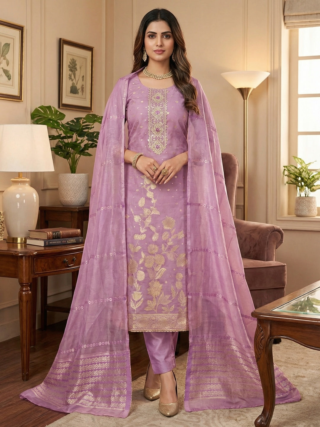 Lavender Floral Woven Shimmer Dress Material Featuring Delicate Sequins Embroidery On The Neckline - Image 2