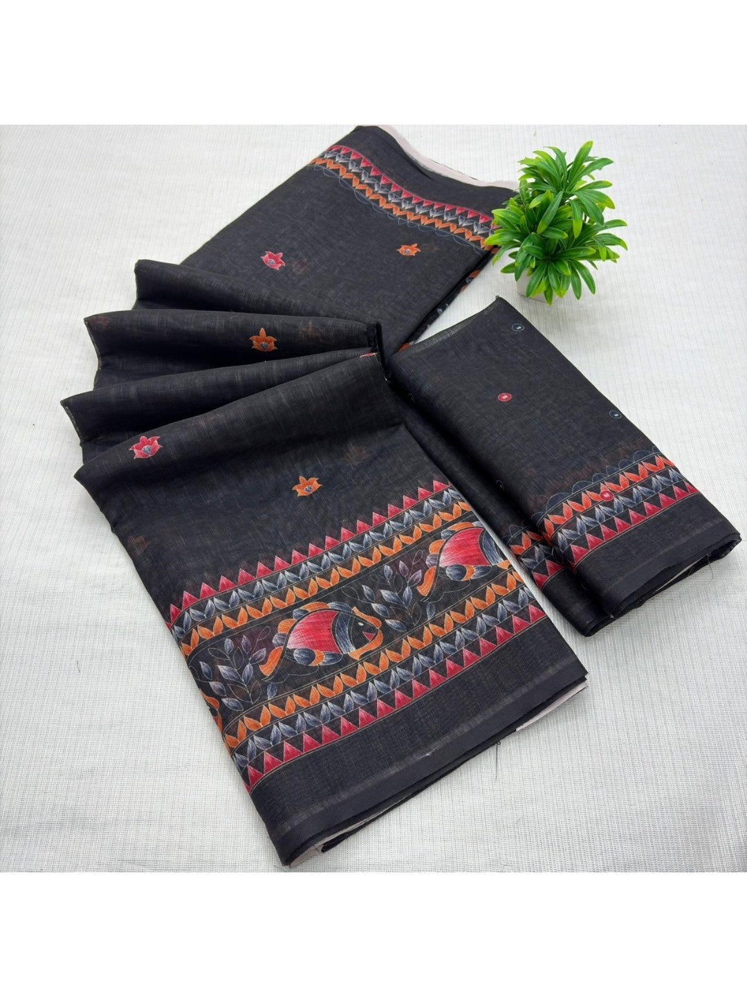 Black Linen Saree with Timeless Floral Printed Detailing for Modern Ethnic Styling - Image 3