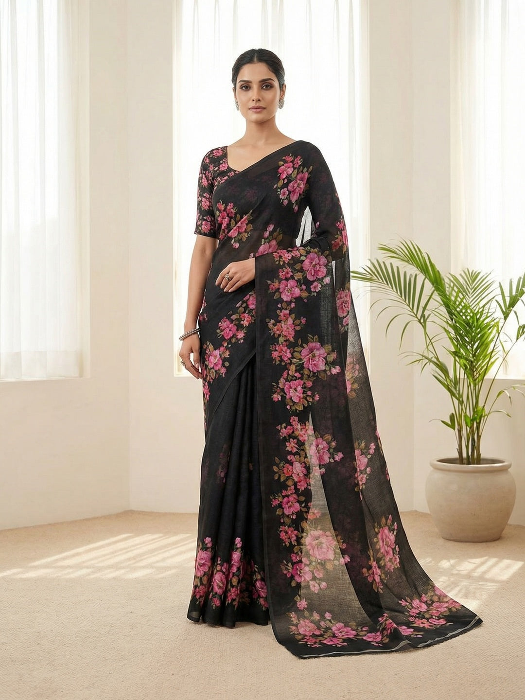 Black Linen Saree with Floral Printed Detailing for Modern Ethnic Styling - Image 1