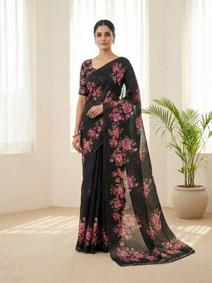 Black Linen Saree with Floral Printed Detailing for Modern Ethnic Styling - Image 1