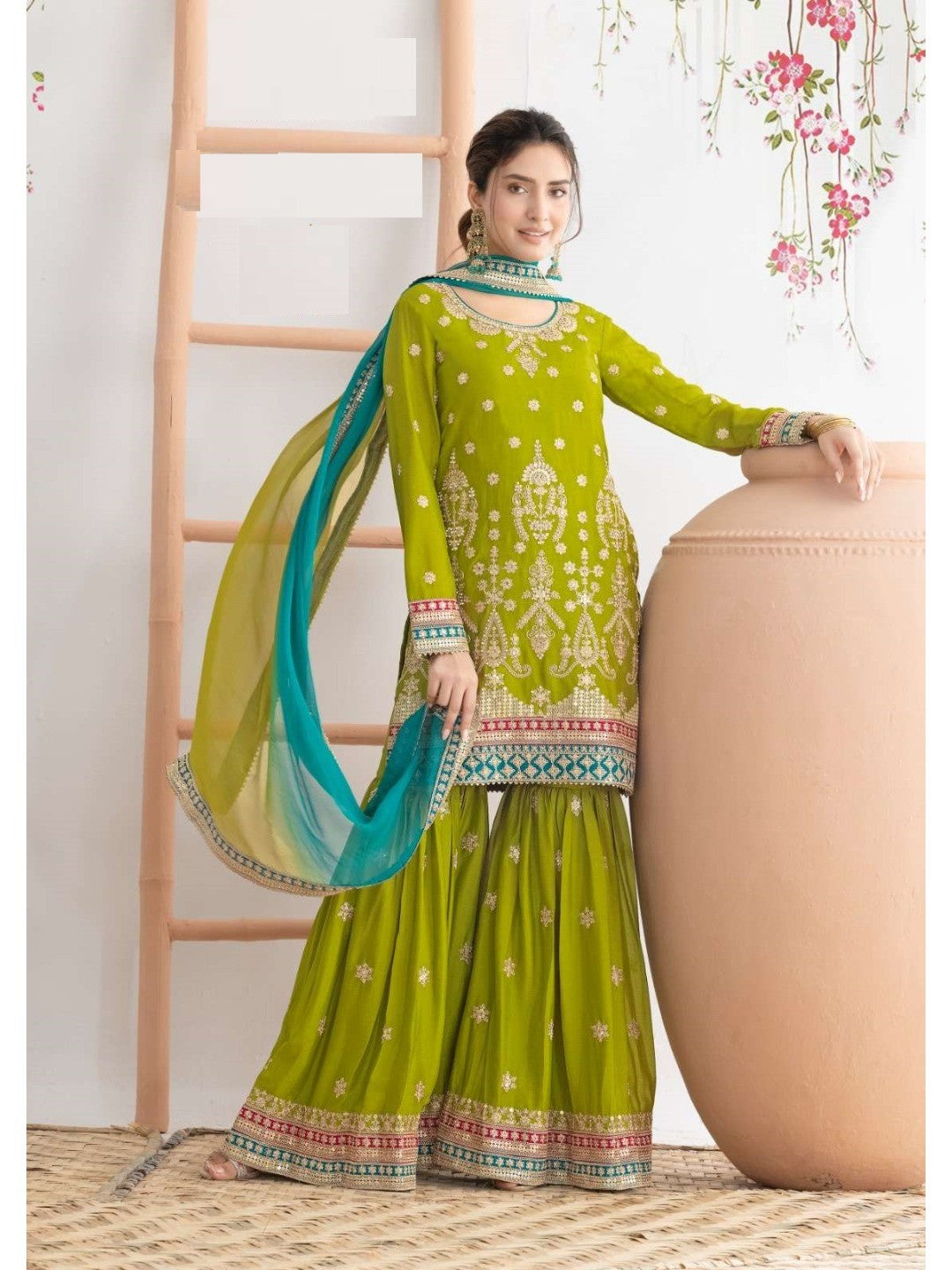 Green Embroidered Chinon Semi-Stitched Sharara Style Suit - Image 1
