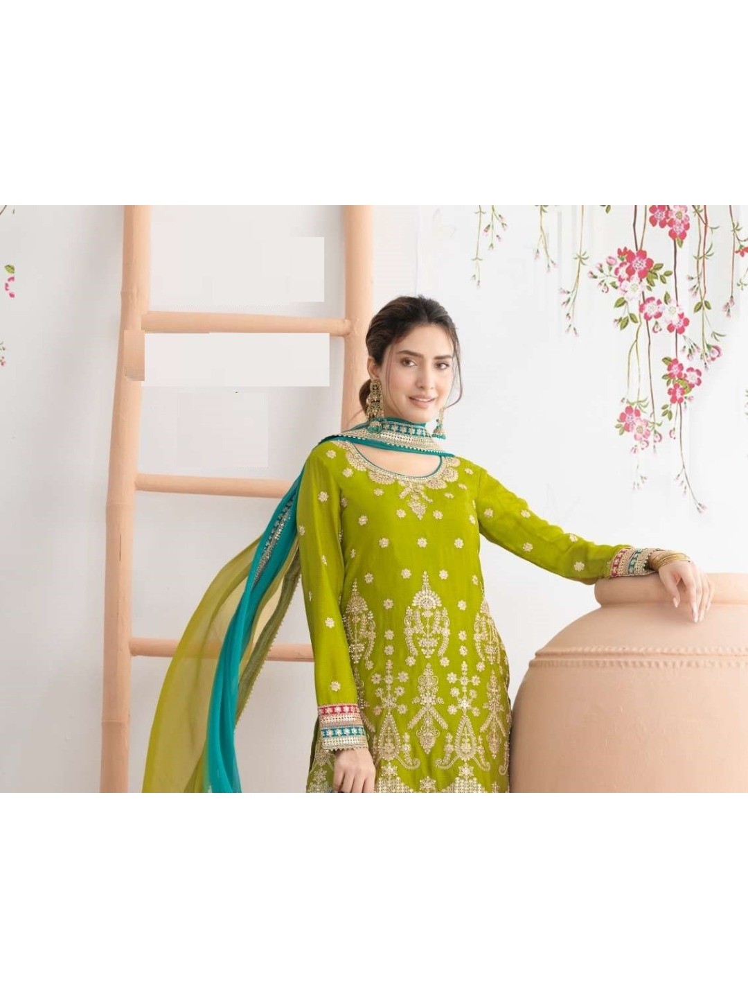 Green Embroidered Chinon Semi-Stitched Sharara Style Suit - Image 2