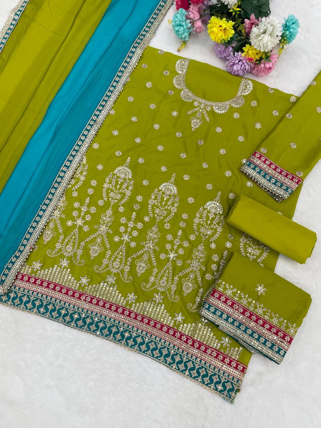 Green Embroidered Chinon Semi-Stitched Sharara Style Suit - Image 3