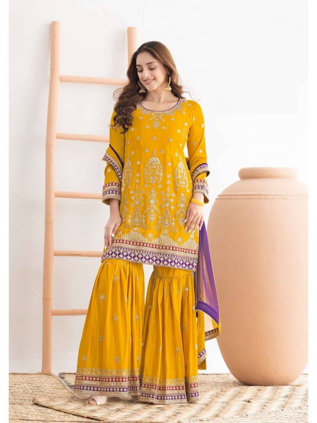 Yellow Embroidered Chinon Semi-Stitched Sharara Style Suit - Image 1