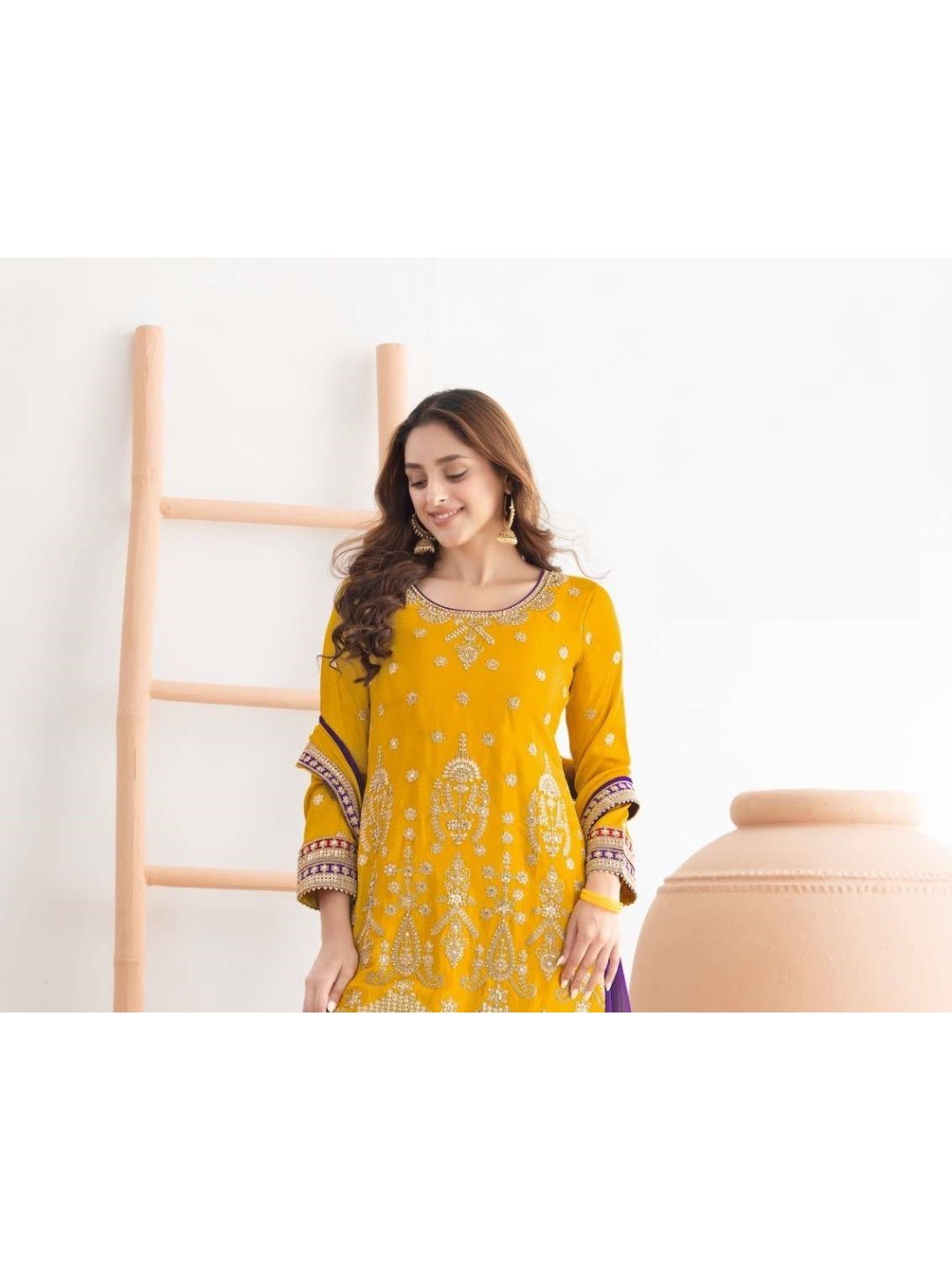 Yellow Embroidered Chinon Semi-Stitched Sharara Style Suit - Image 2