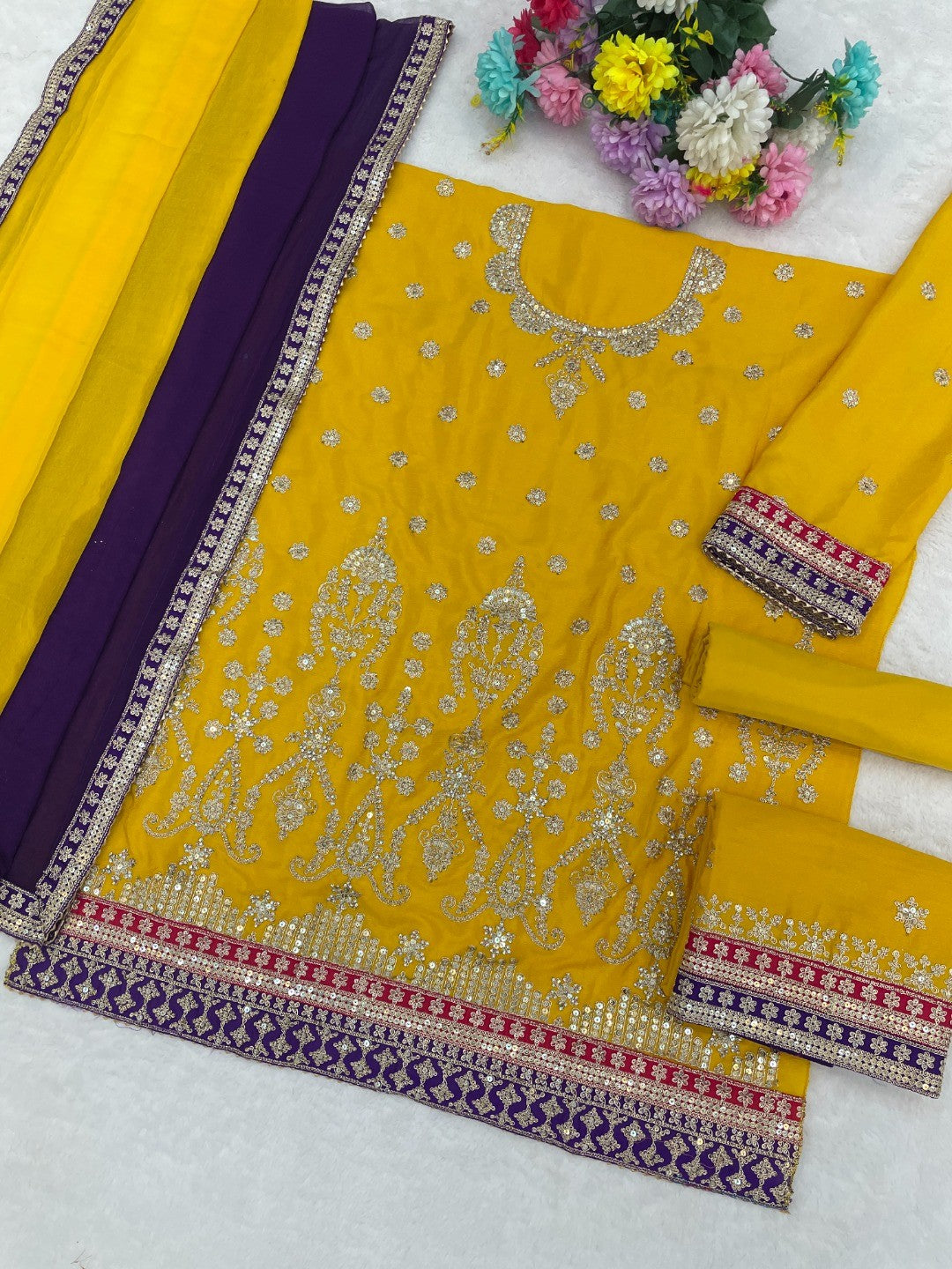 Yellow Embroidered Chinon Semi-Stitched Sharara Style Suit - Image 3
