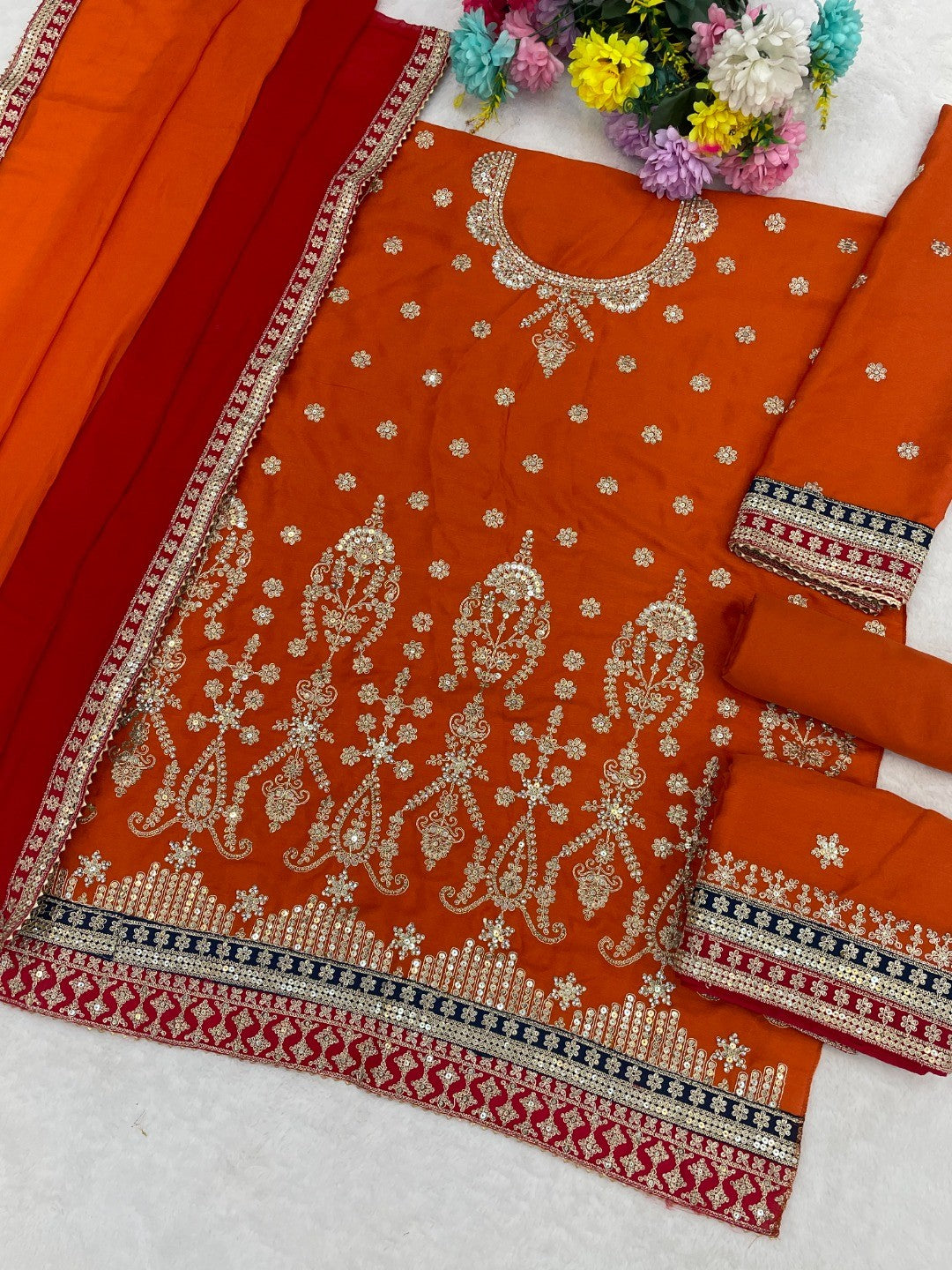 Orange Embroidered Chinon Semi-Stitched Sharara Style Suit - Image 3