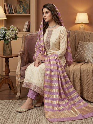 Cream & Lavender Floral Weaving Shimmer Dress Material Adorned With Elegant Sequins Embroidery - Image 1