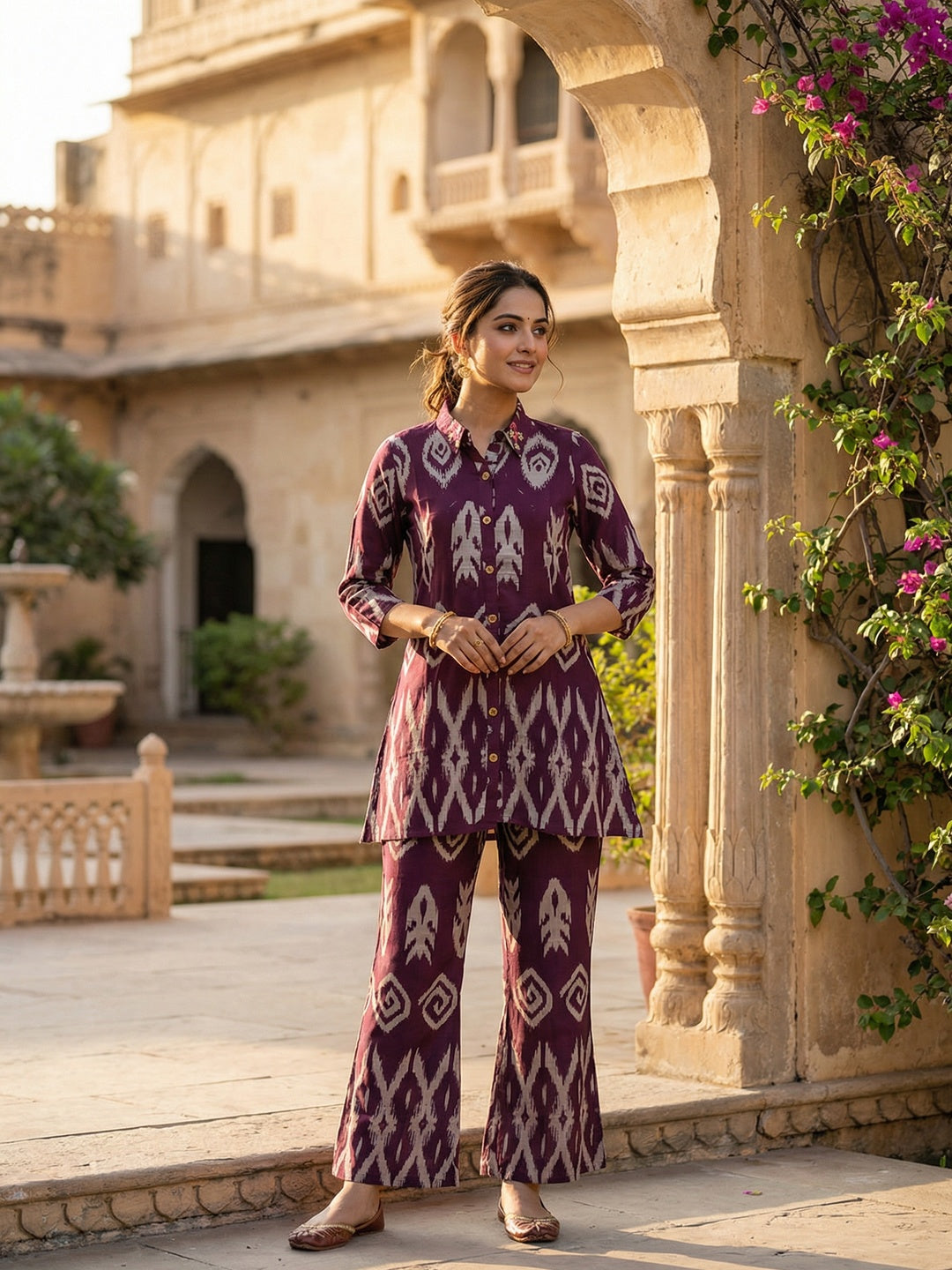 Modern Purple Ikkat Printed Viscose Top and Bottom Set with Classic Traditional Appeal - Image 1