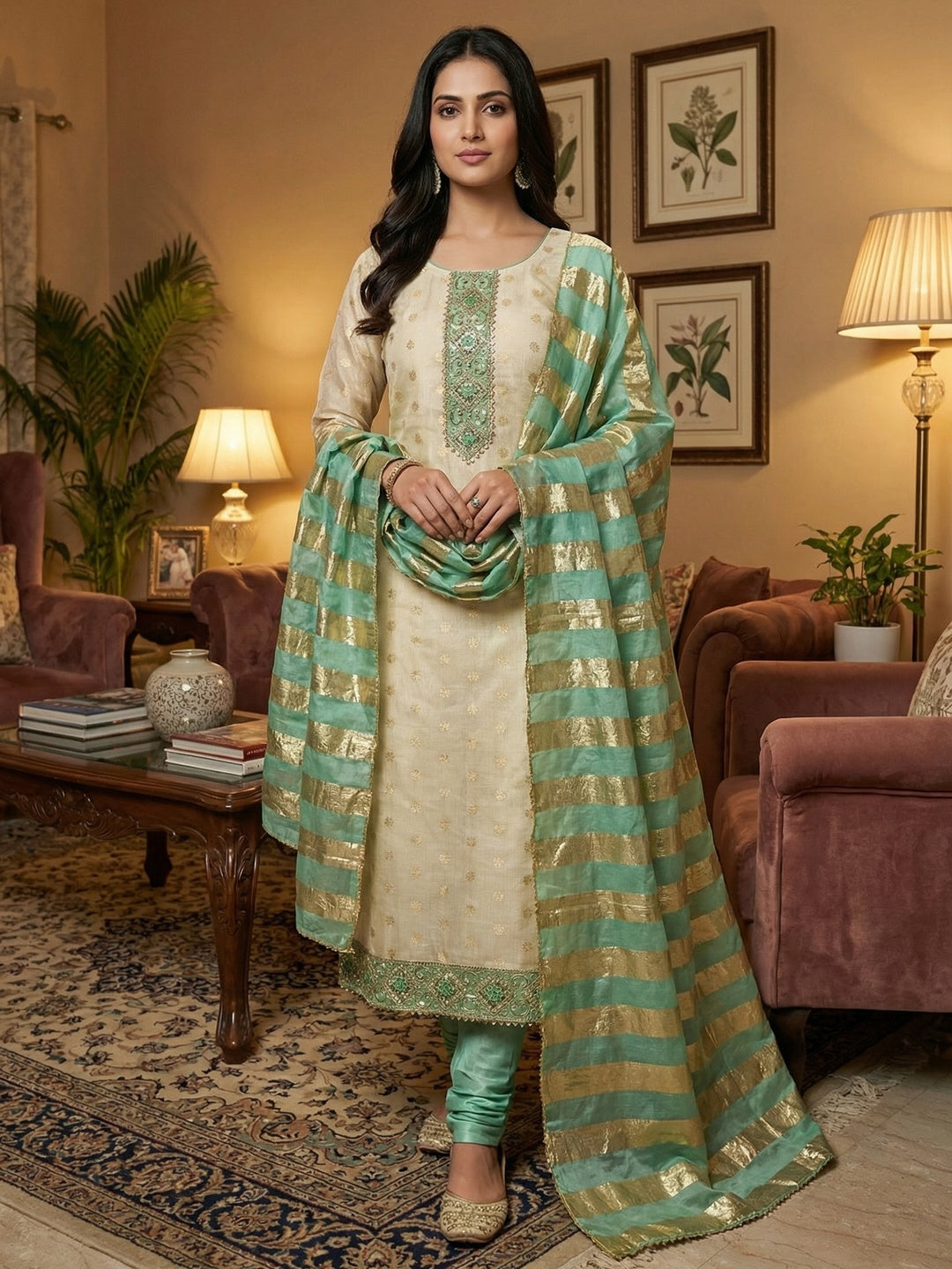 Cream & Sea Green Floral Weaving Shimmer Dress Material Adorned With Elegant Sequins Embroidery - Image 2