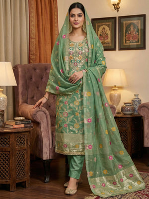 Elegant Green Floral Weave Banarasi Silk Dress Material With Sequins Embroidered Accents - Image 2