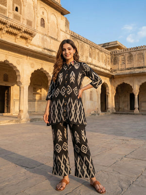 Modern Black Ikkat Printed Viscose Top and Bottom Set with Classic Traditional Appeal - Image 1