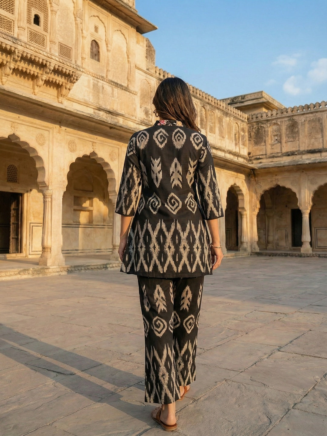 Modern Black Ikkat Printed Viscose Top and Bottom Set with Classic Traditional Appeal - Image 3