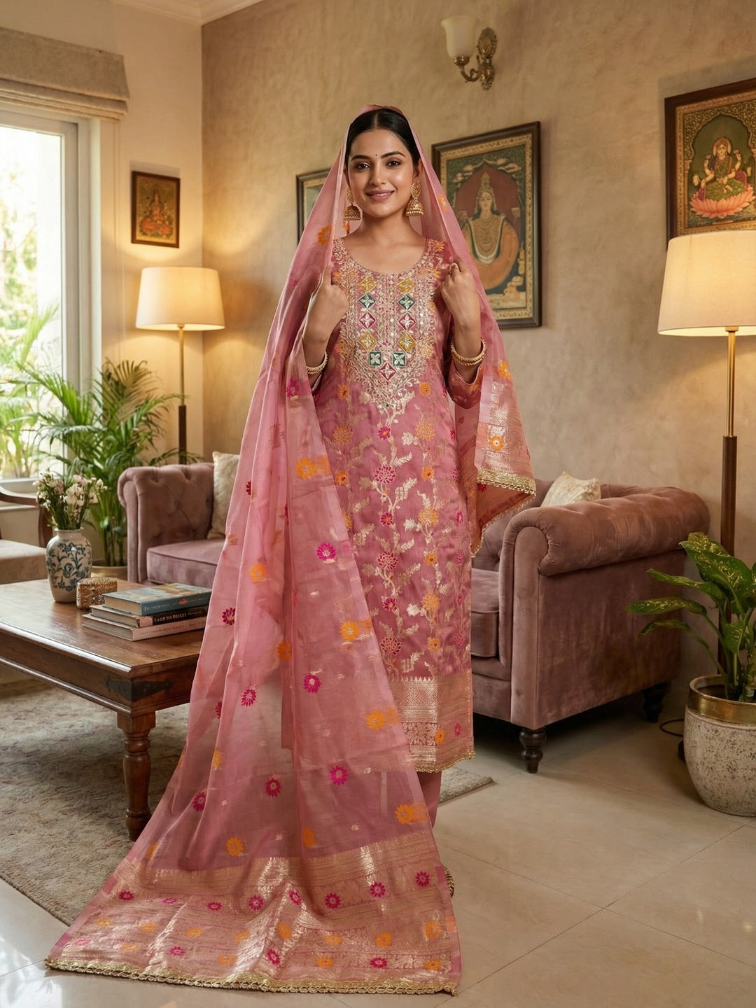 Elegant Pink Floral Weave Banarasi Silk Dress Material With Sequins Embroidered Accents - Image 2