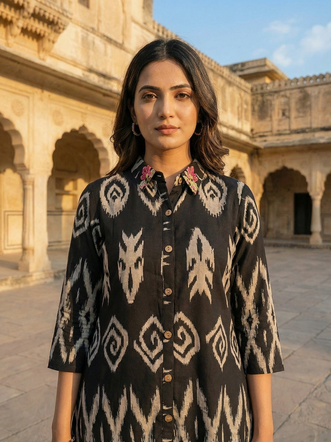 Modern Black Ikkat Printed Viscose Top and Bottom Set with Classic Traditional Appeal - Image 2