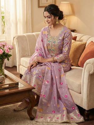 Elegant Lavender Green Floral Weave Banarasi Silk Dress Material With Sequins Embroidered Accents - Image 2