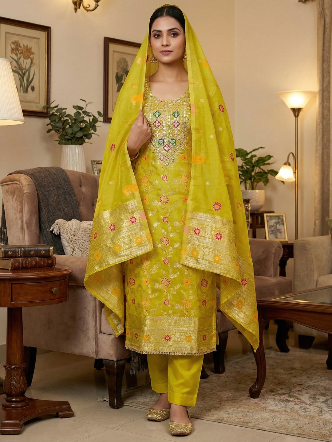 Elegant Lime Green Floral Weave Banarasi Silk Dress Material With Sequins Embroidered Accents - Image 2