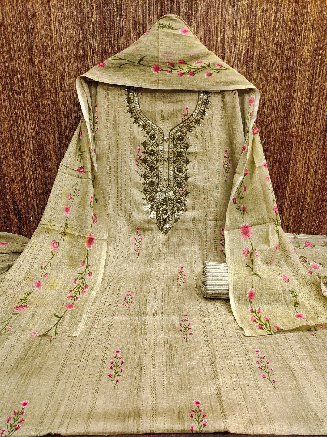 Emerald Green Floral Printed Cotton Blend Dress Material With Elegant Sequins Embroidery Work - Image 5