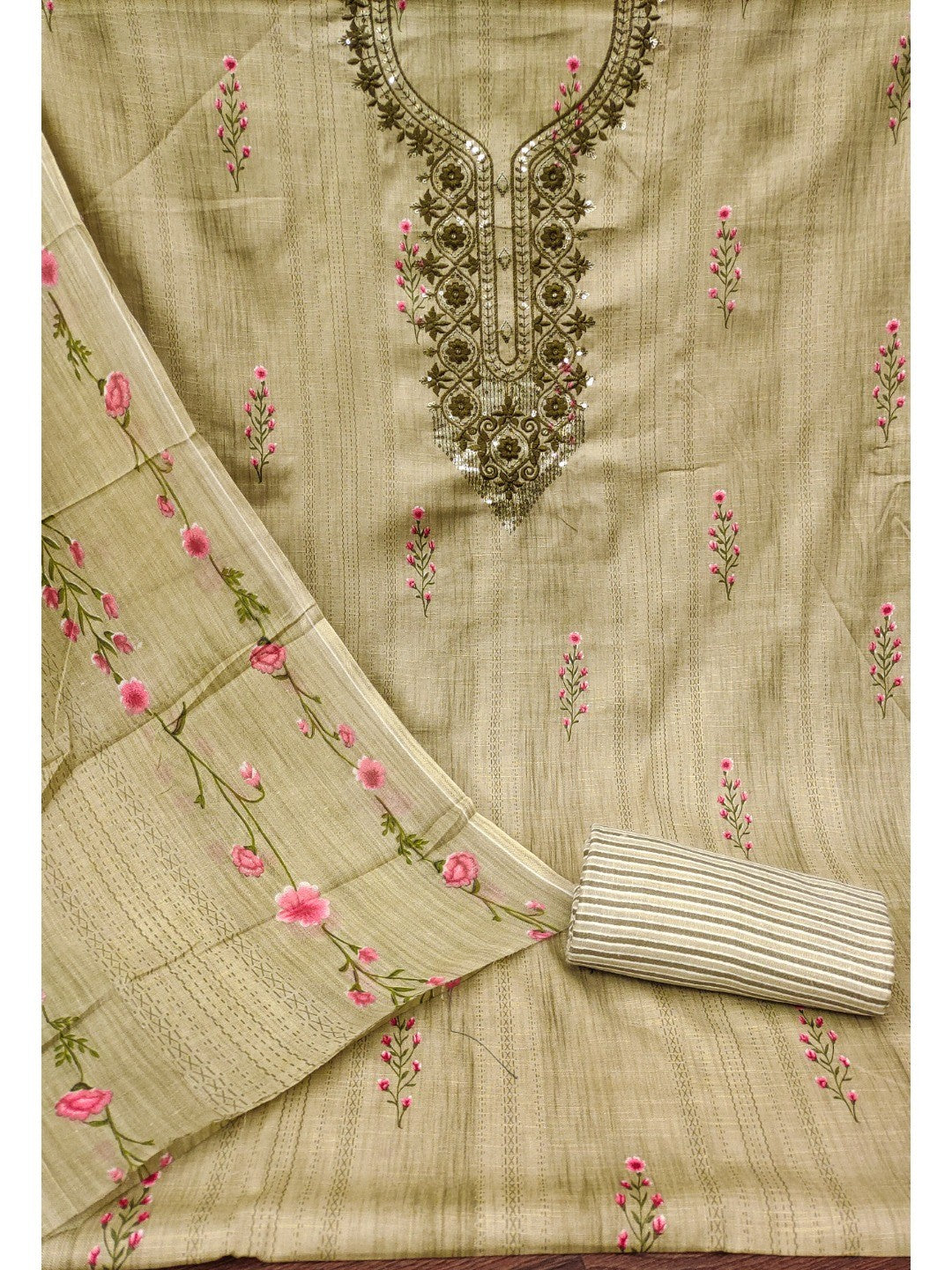 Emerald Green Floral Printed Cotton Blend Dress Material With Elegant Sequins Embroidery Work - Image 2