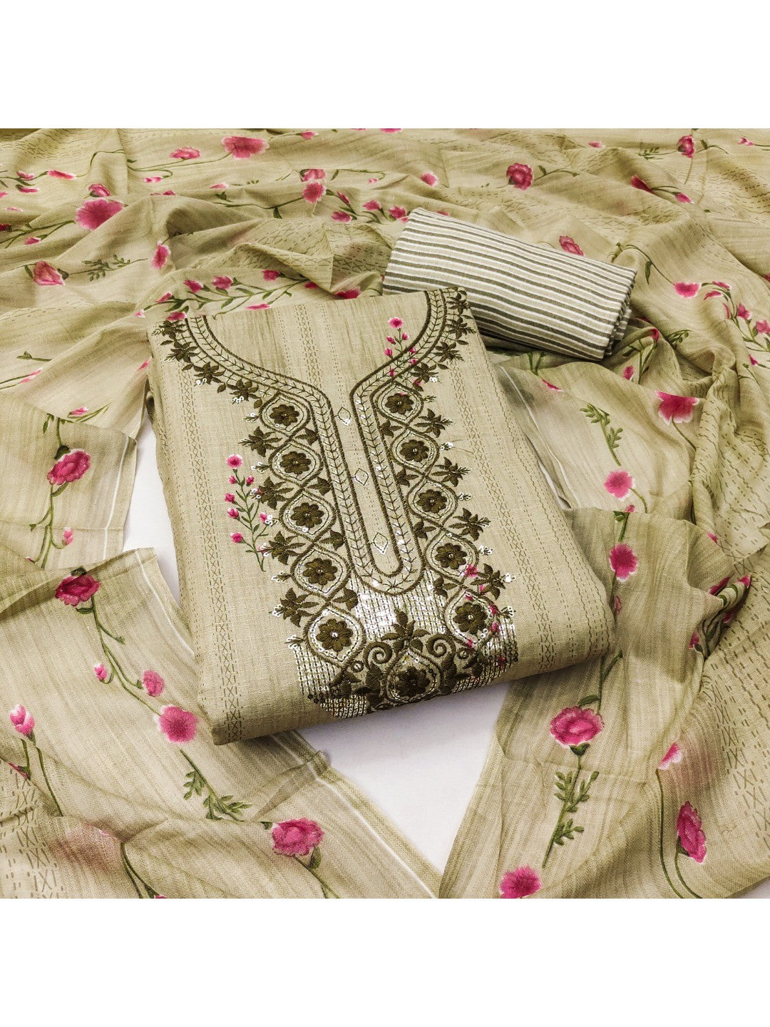Emerald Green Floral Printed Cotton Blend Dress Material With Elegant Sequins Embroidery Work - Image 5