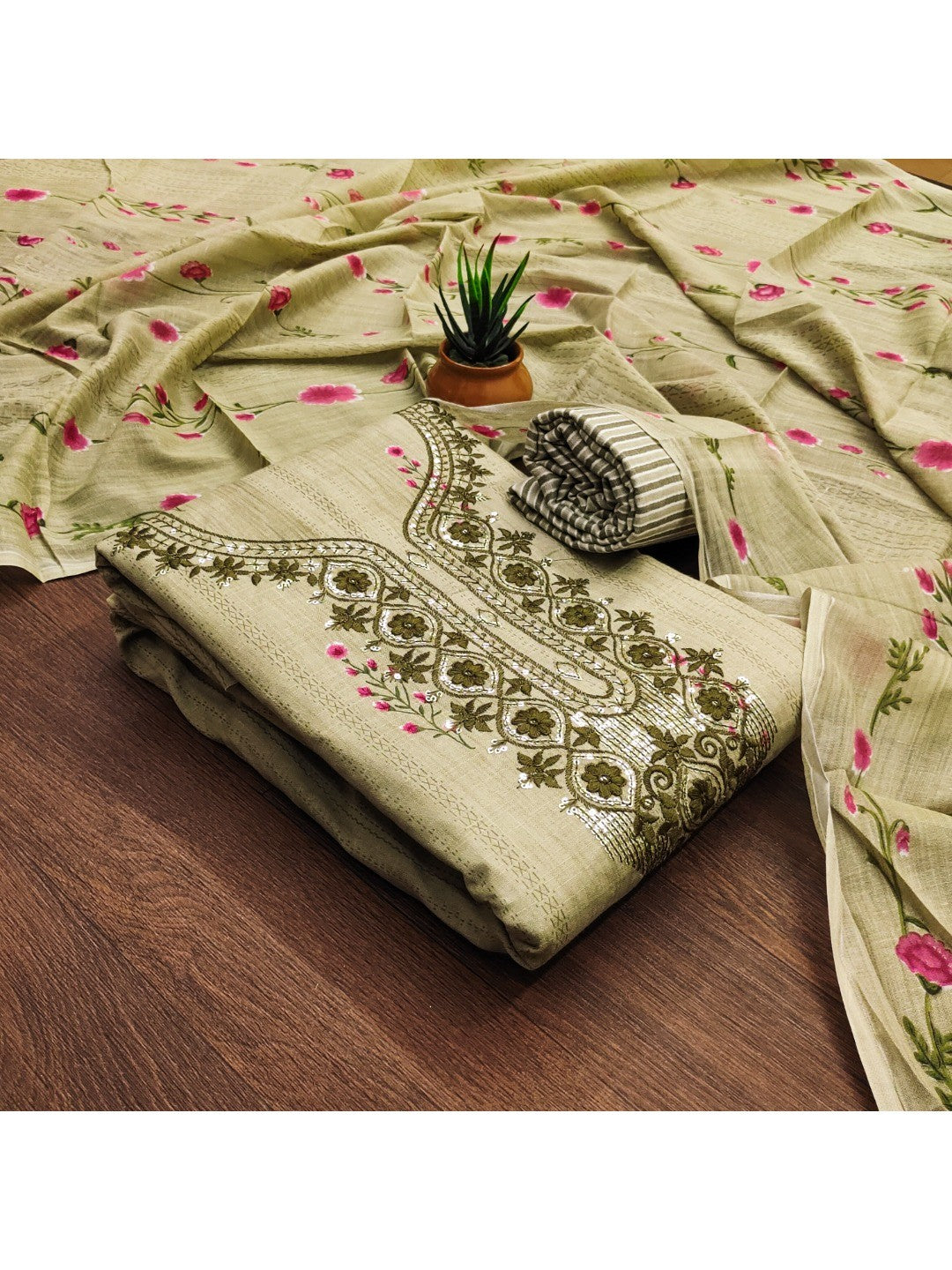 Emerald Green Floral Printed Cotton Blend Dress Material With Elegant Sequins Embroidery Work - Image 3