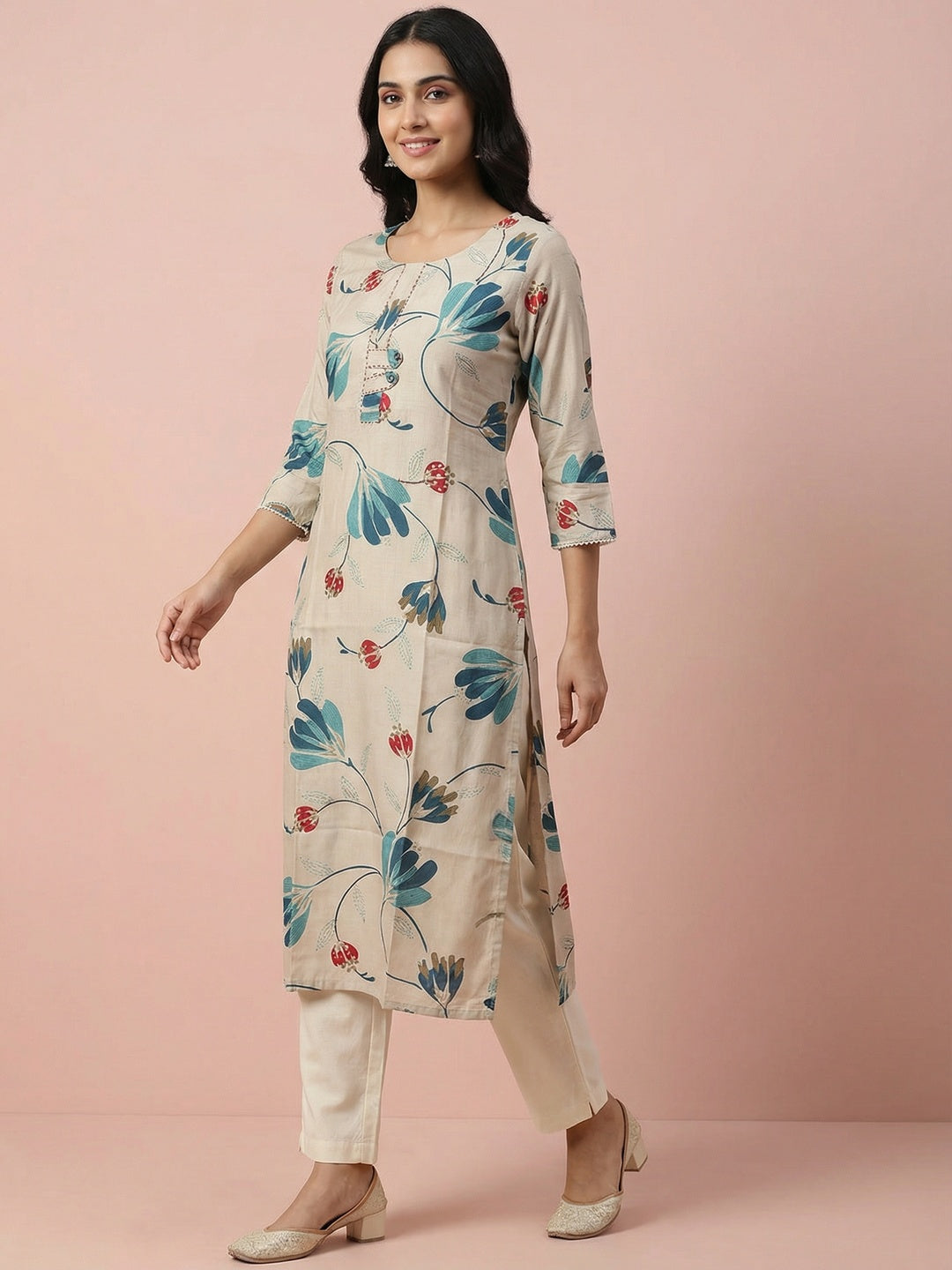 Casual Wear Cream & Turquoise Floral Printed Viscose Straight Fit Kurti with Soft Fabric Comfort - Image 1