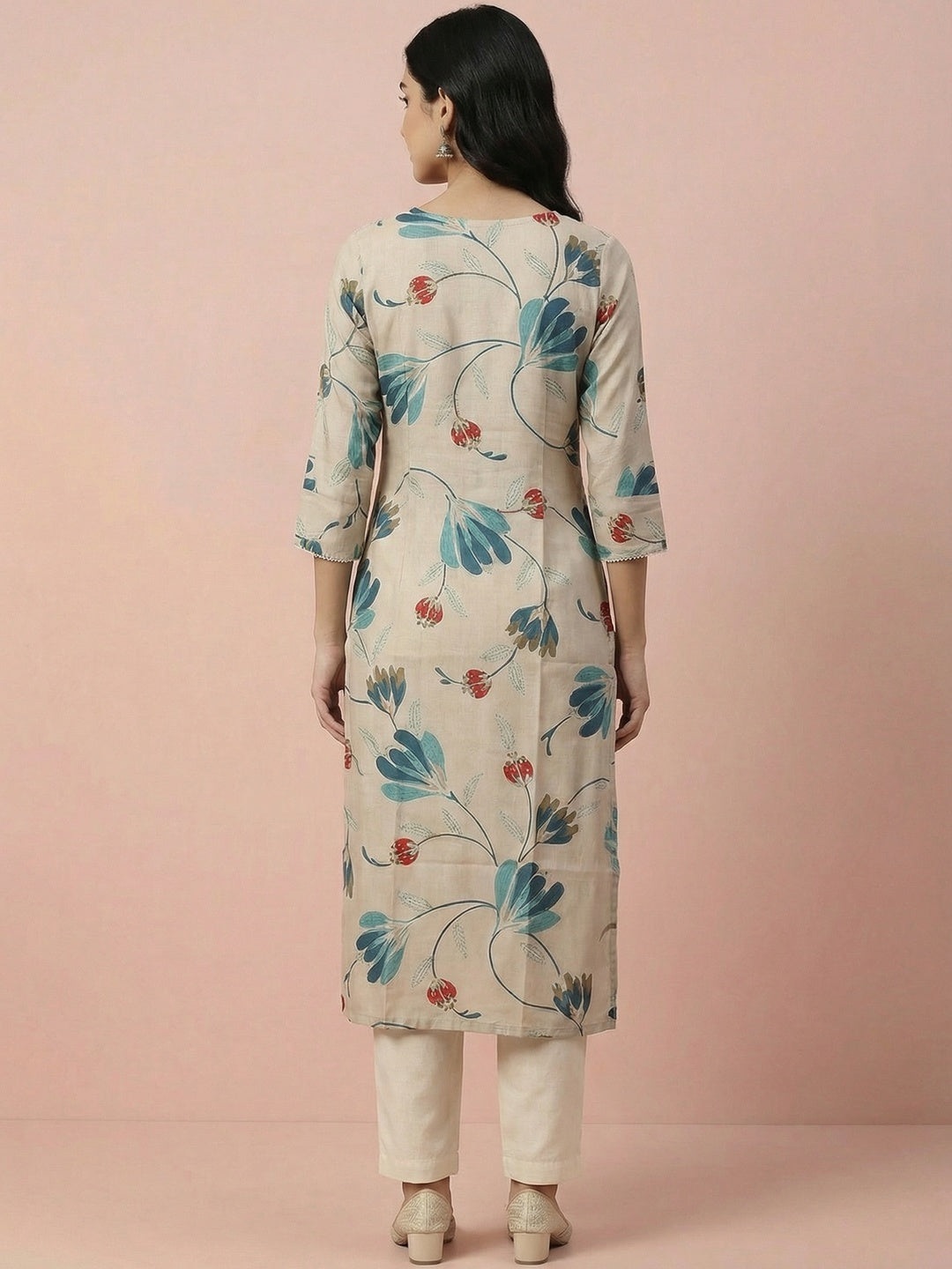 Casual Wear Cream & Turquoise Floral Printed Viscose Straight Fit Kurti with Soft Fabric Comfort - Image 3