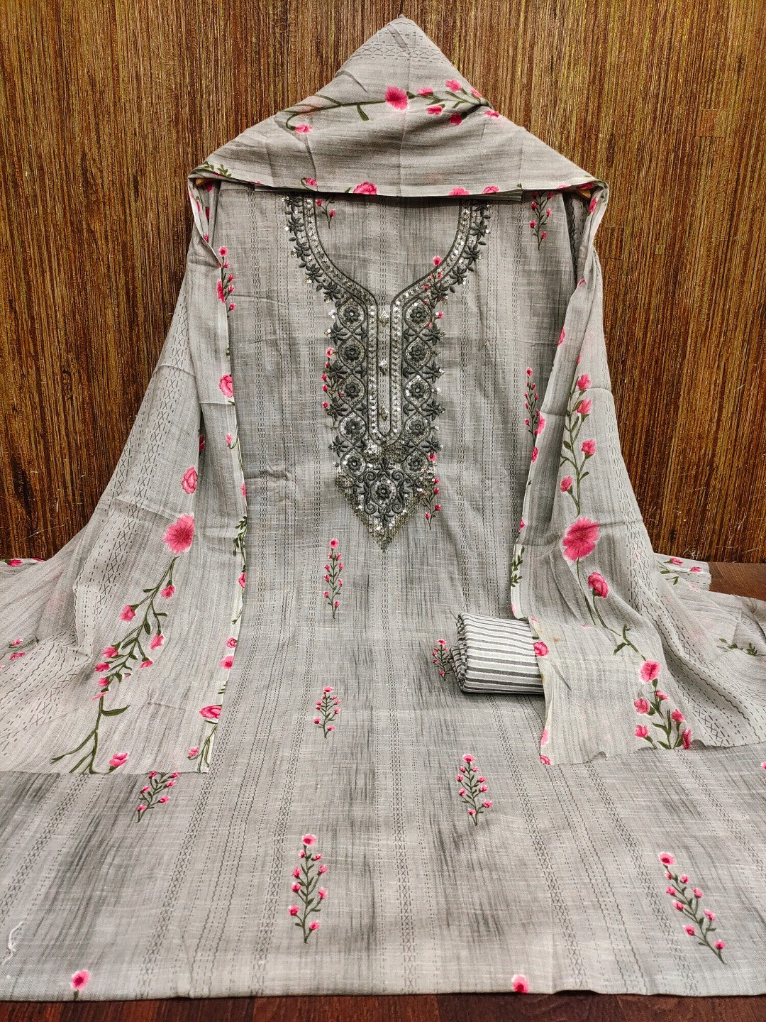 Emerald Grey Floral Printed Cotton Blend Dress Material With Elegant Sequins Embroidery Work - Image 4
