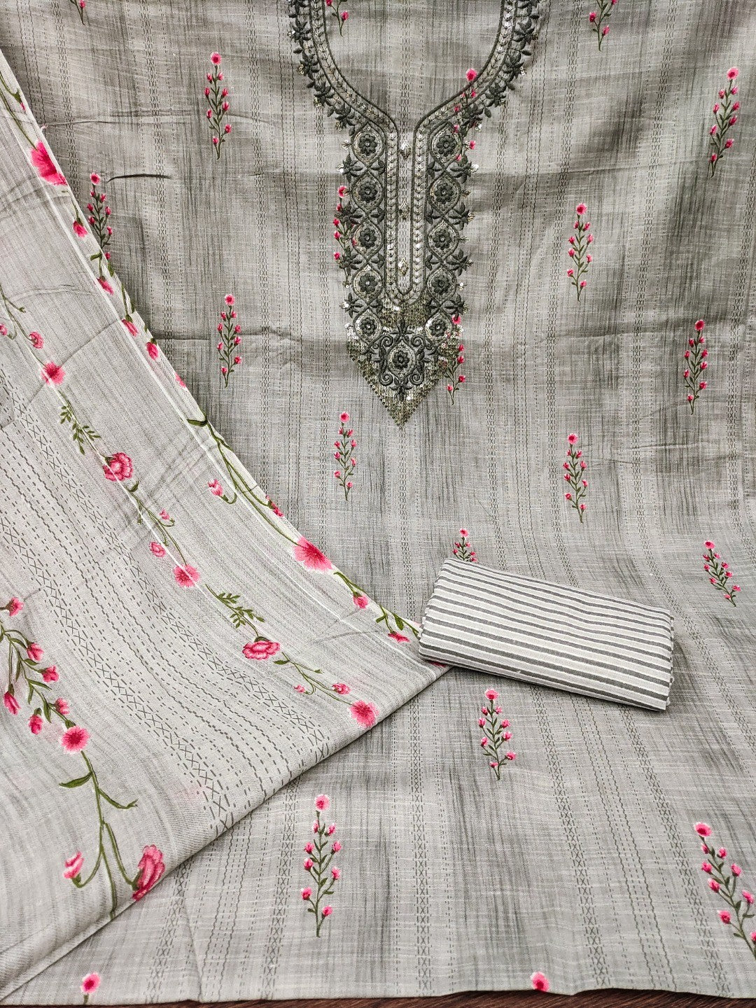 Emerald Grey Floral Printed Cotton Blend Dress Material With Elegant Sequins Embroidery Work - Image 3