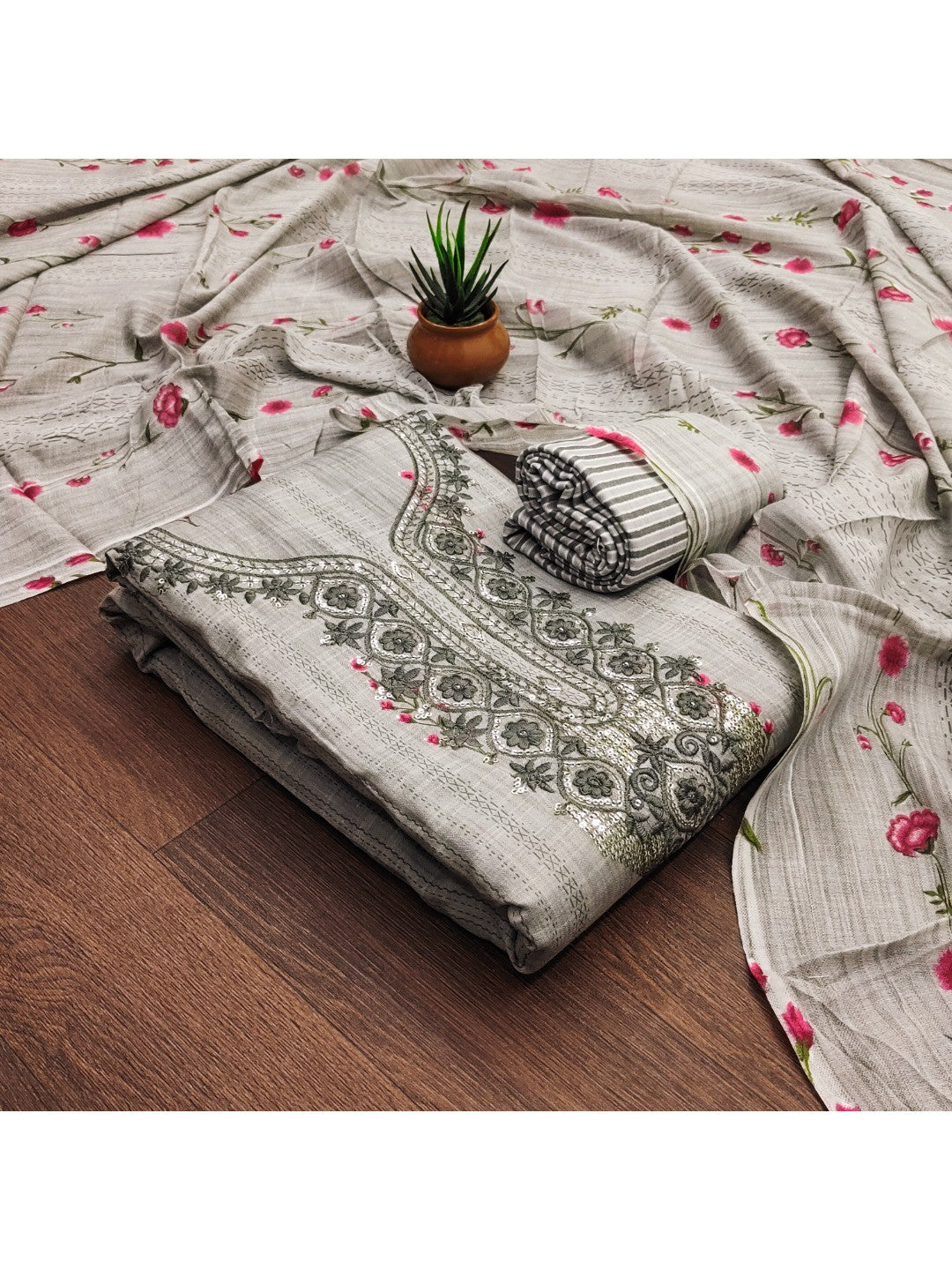 Emerald Grey Floral Printed Cotton Blend Dress Material With Elegant Sequins Embroidery Work - Image 5