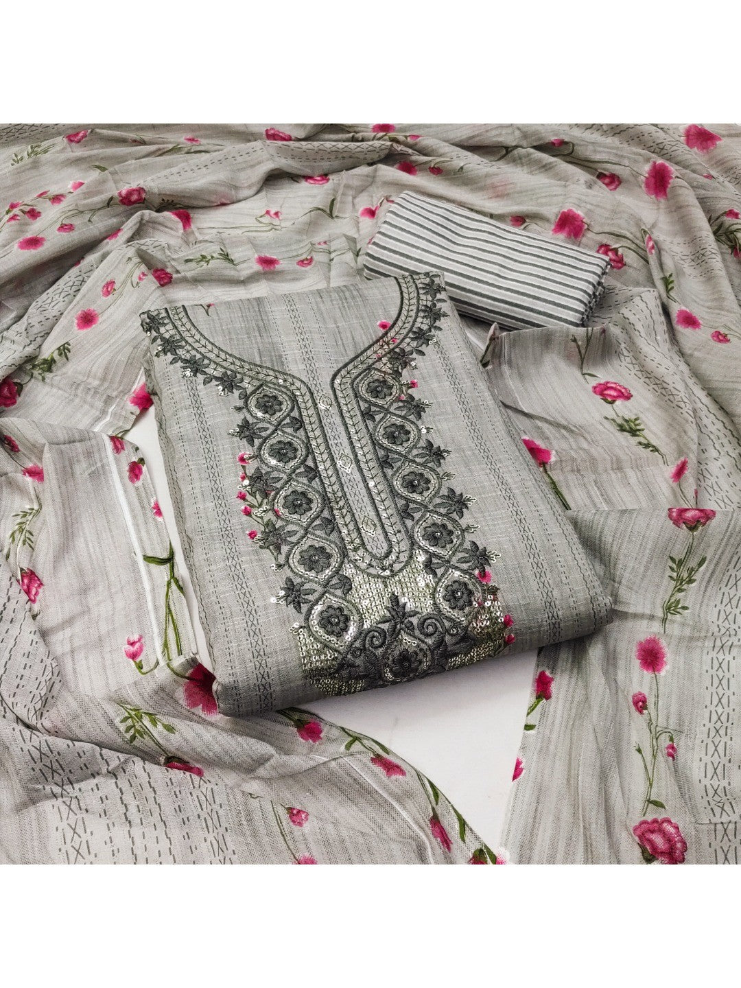 Emerald Grey Floral Printed Cotton Blend Dress Material With Elegant Sequins Embroidery Work - Image 1