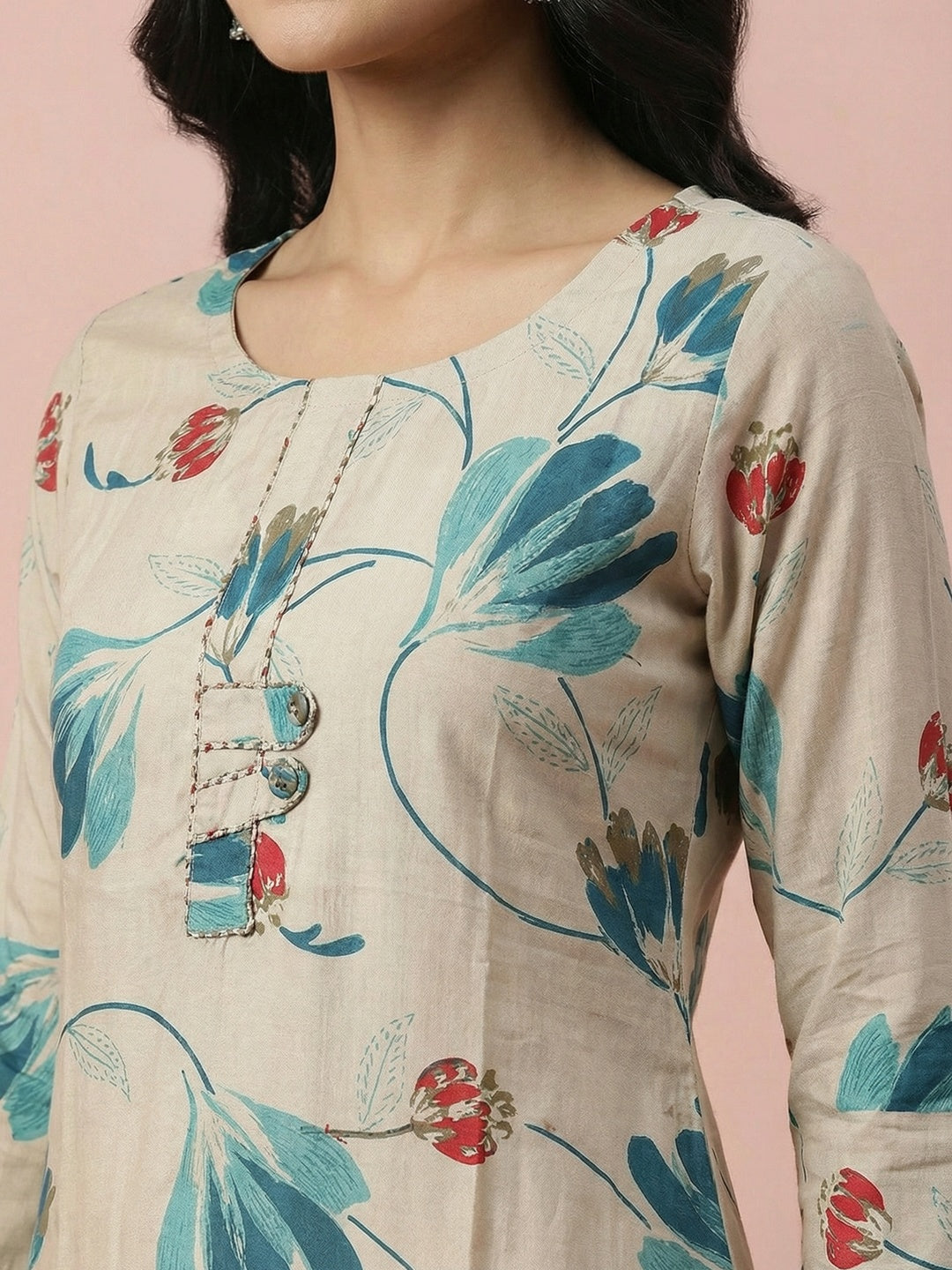 Casual Wear Cream & Turquoise Floral Printed Viscose Straight Fit Kurti with Soft Fabric Comfort - Image 2