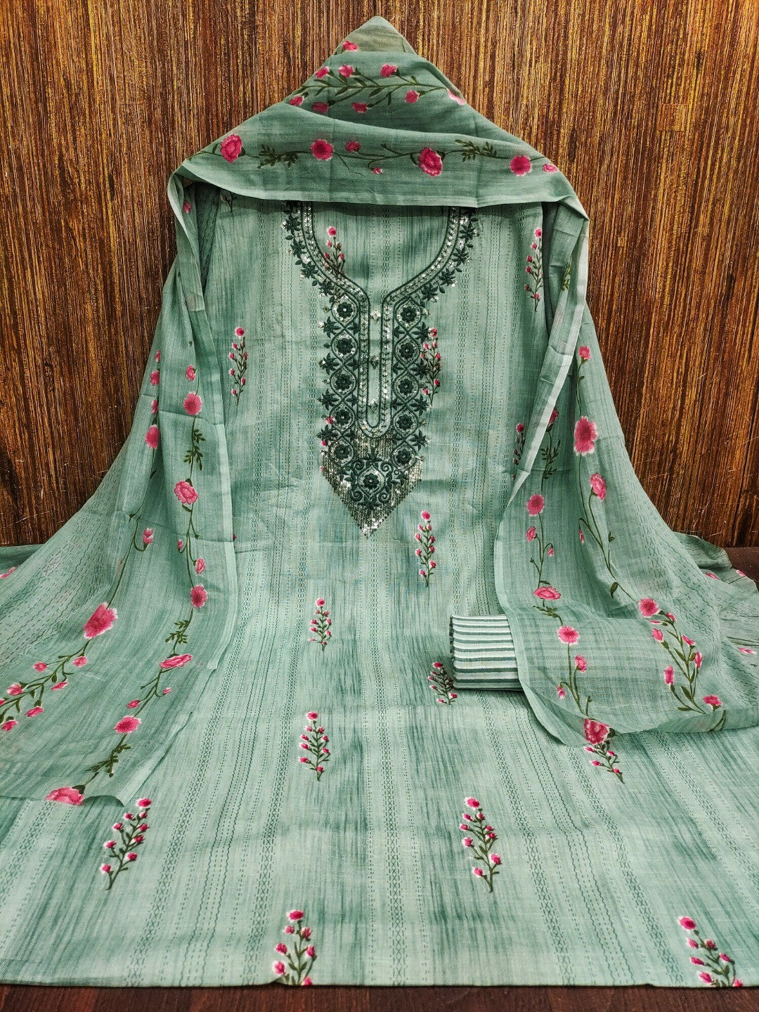 Emerald Blue Floral Printed Cotton Blend Dress Material With Elegant Sequins Embroidery Work - Image 4