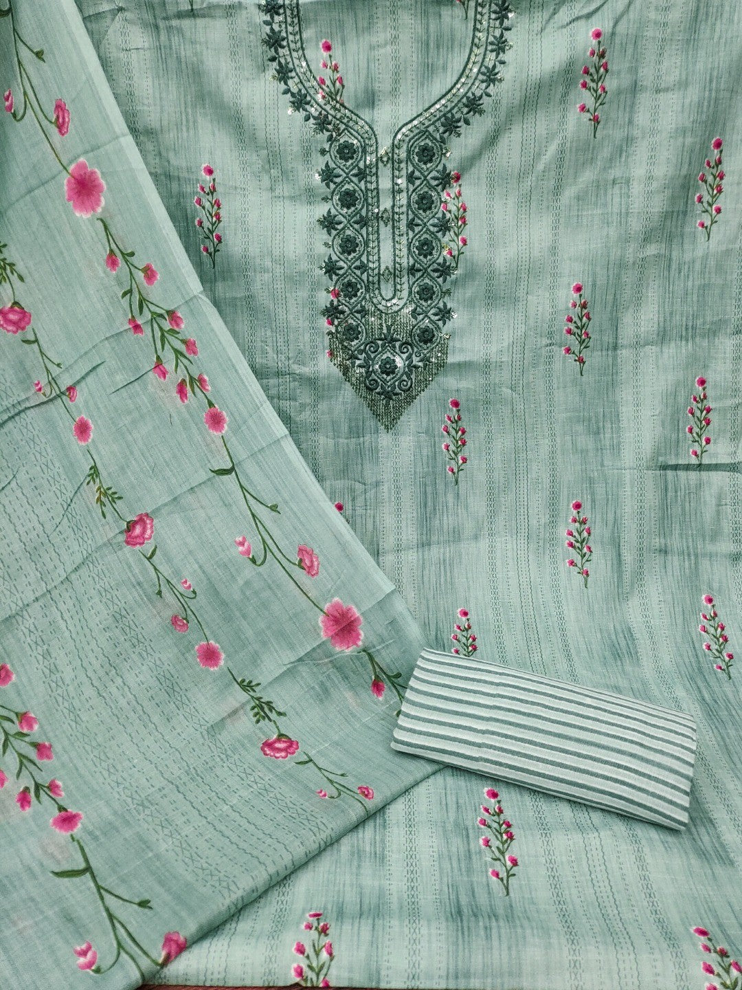 Emerald Blue Floral Printed Cotton Blend Dress Material With Elegant Sequins Embroidery Work - Image 3