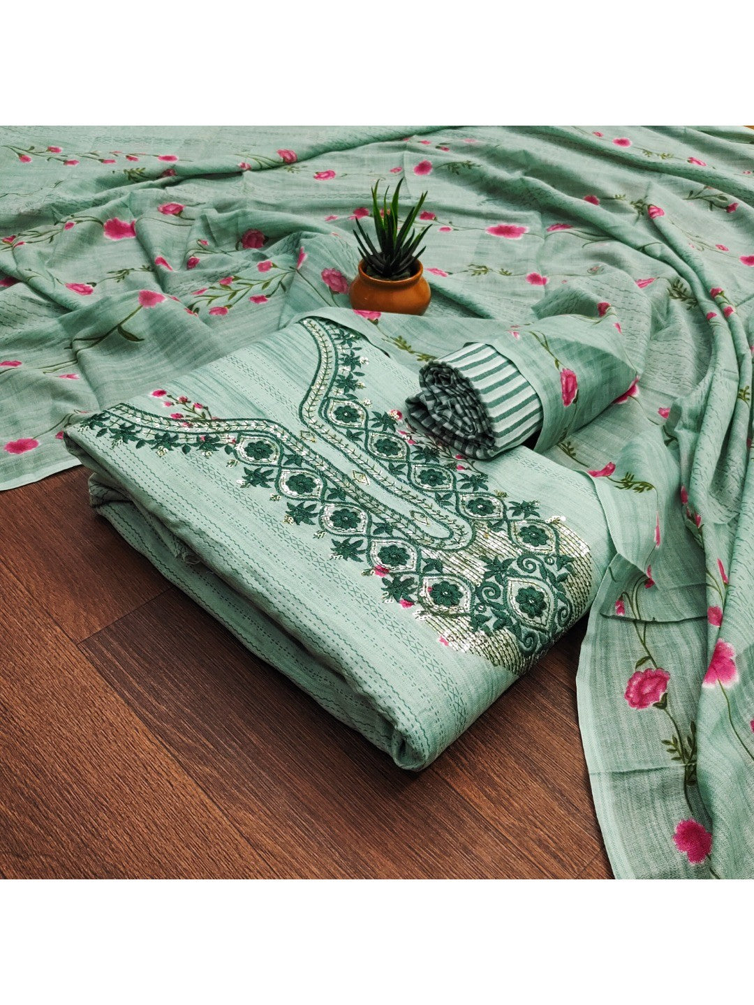 Emerald Blue Floral Printed Cotton Blend Dress Material With Elegant Sequins Embroidery Work - Image 2