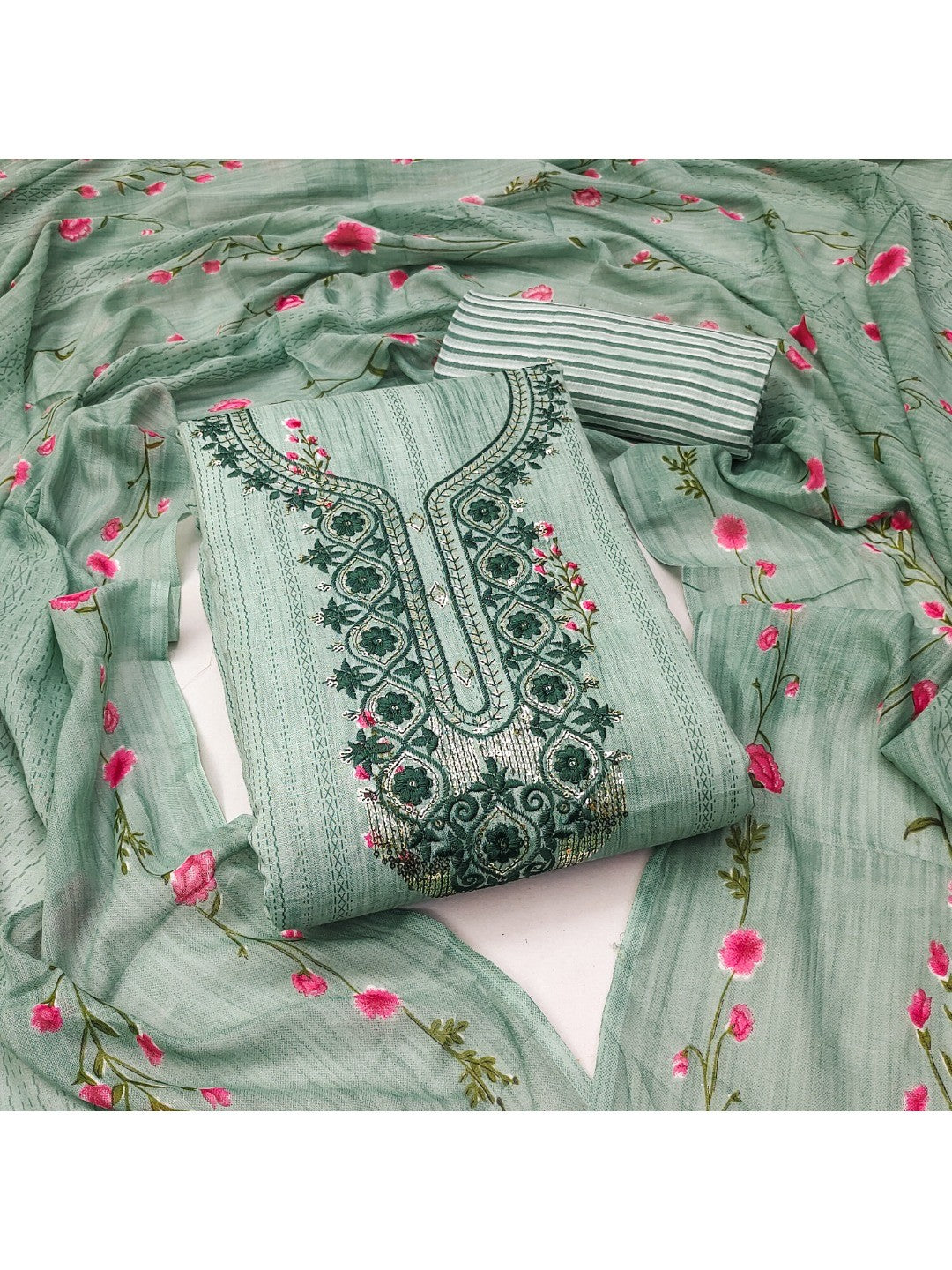 Emerald Blue Floral Printed Cotton Blend Dress Material With Elegant Sequins Embroidery Work - Image 5